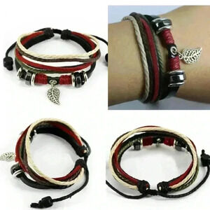 Leaf Black Leather Adjustable Bracelet